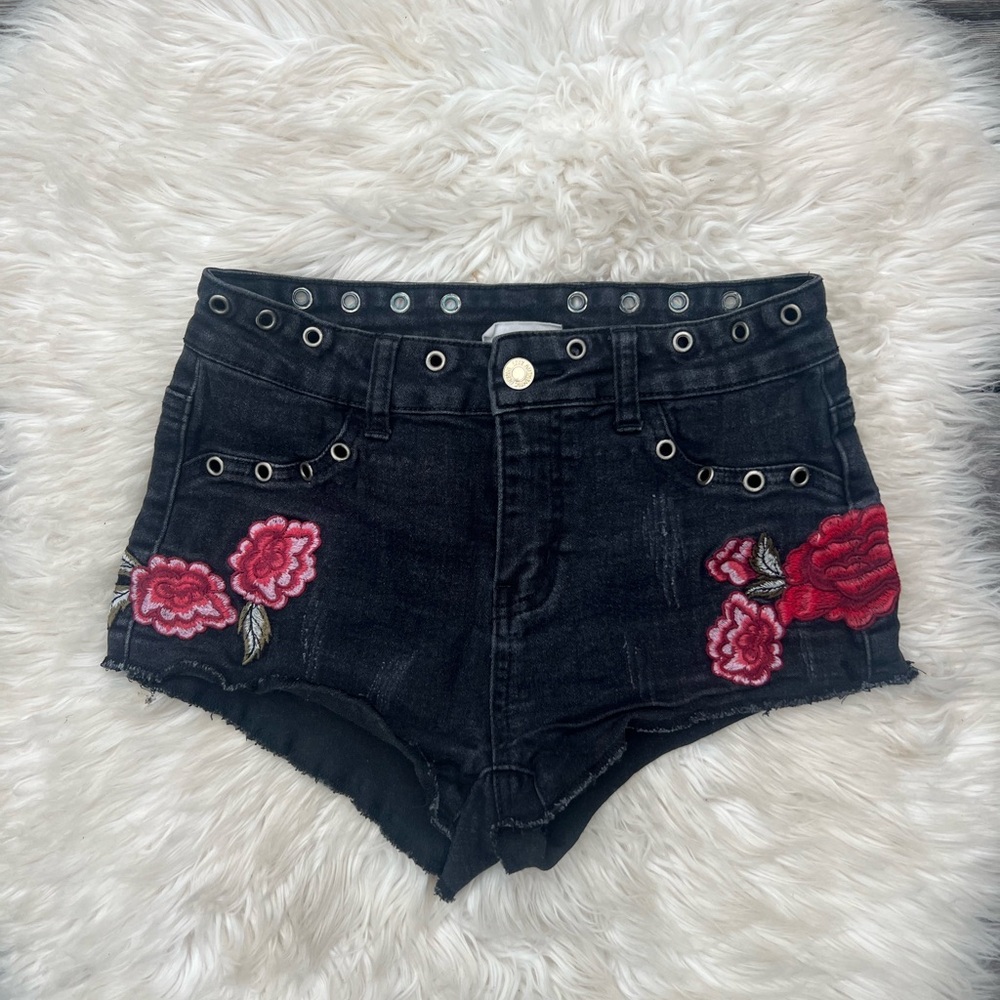 Embroidered Black Denim Jean Grommeted Waist Shorts